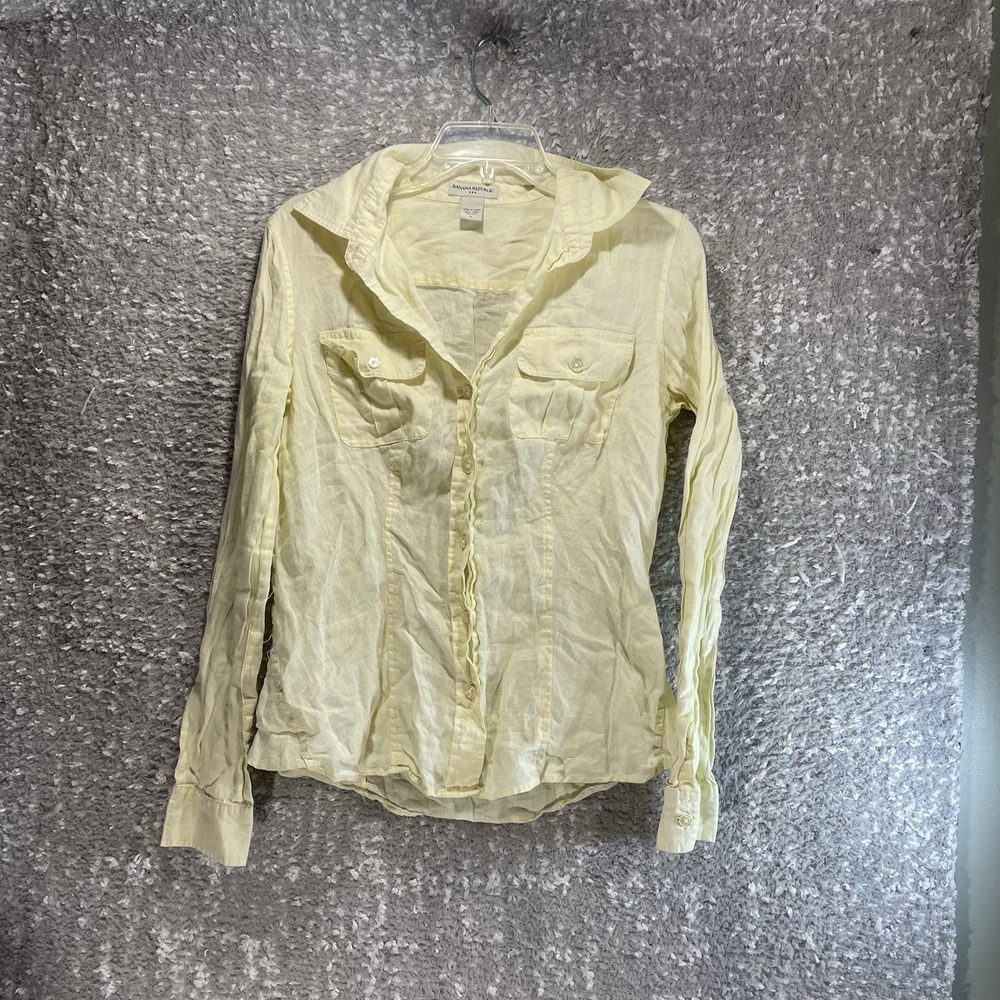 Banana Republic Women M Linen Long Sleeve Button Shirt Yellow Preppy Coastal